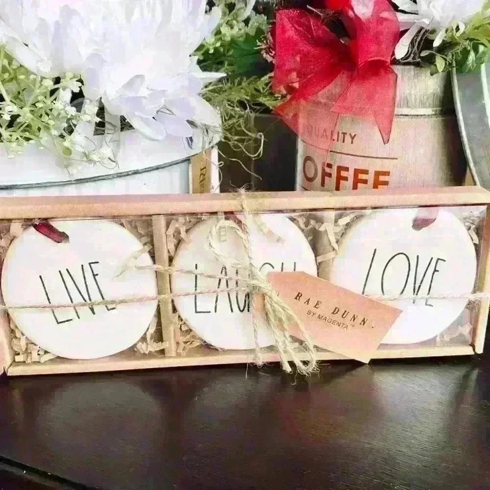 NEW 3 Pc SET Rae Dunno Adorable White Ceramic Ornaments - LIVE - LOVE - LAUGH